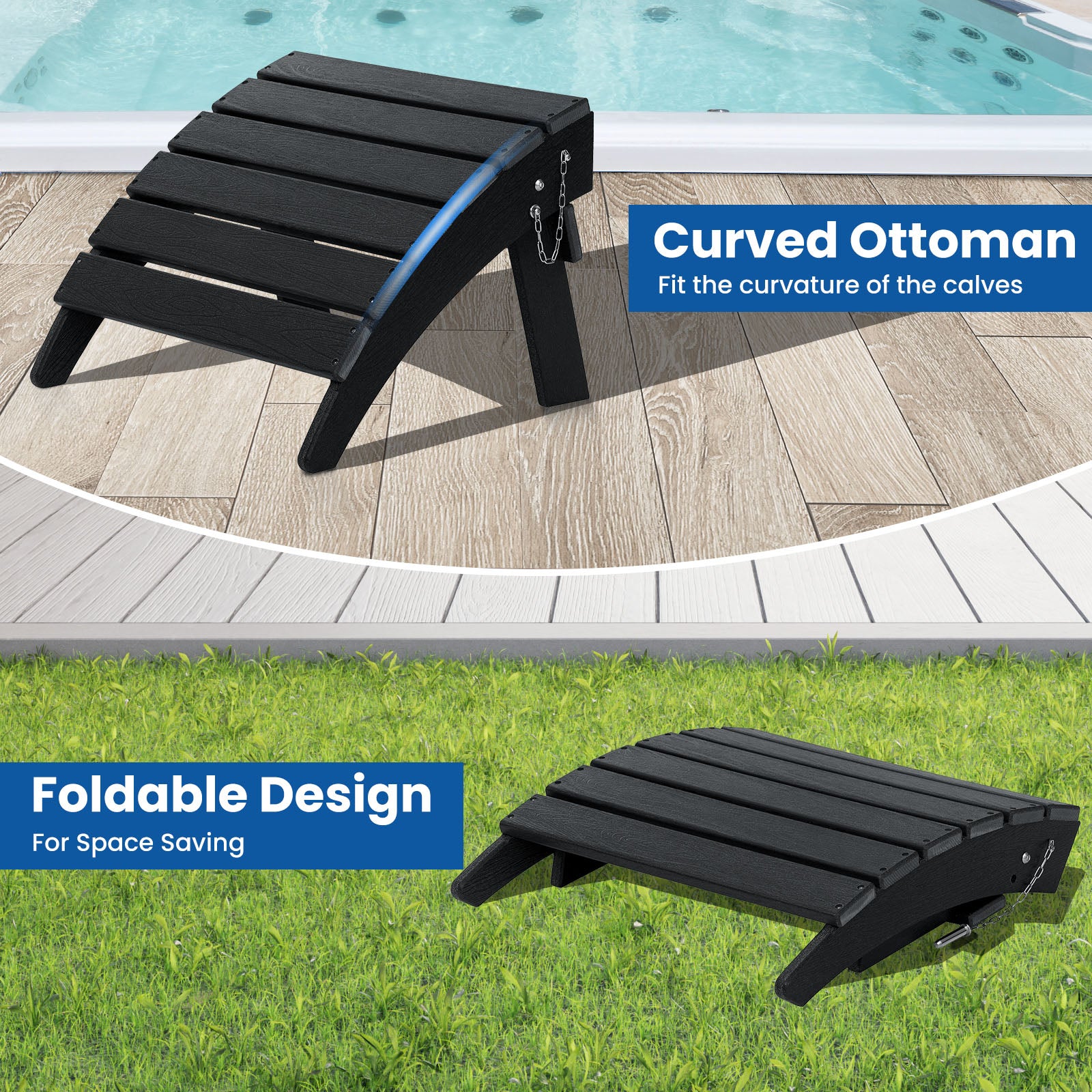 Folding Adirondack Chairs with Footrest Patio HDPE All-Weather Adirondack Chairs with Ottoman for Outside Pool Garden Backyard Beach