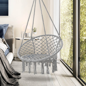 Hammock Chair Macrame Swing Hanging Chair with Handwoven Tassel Max 330Lbs for Indoor Outdoor Terrace Balcony Garden Beige
