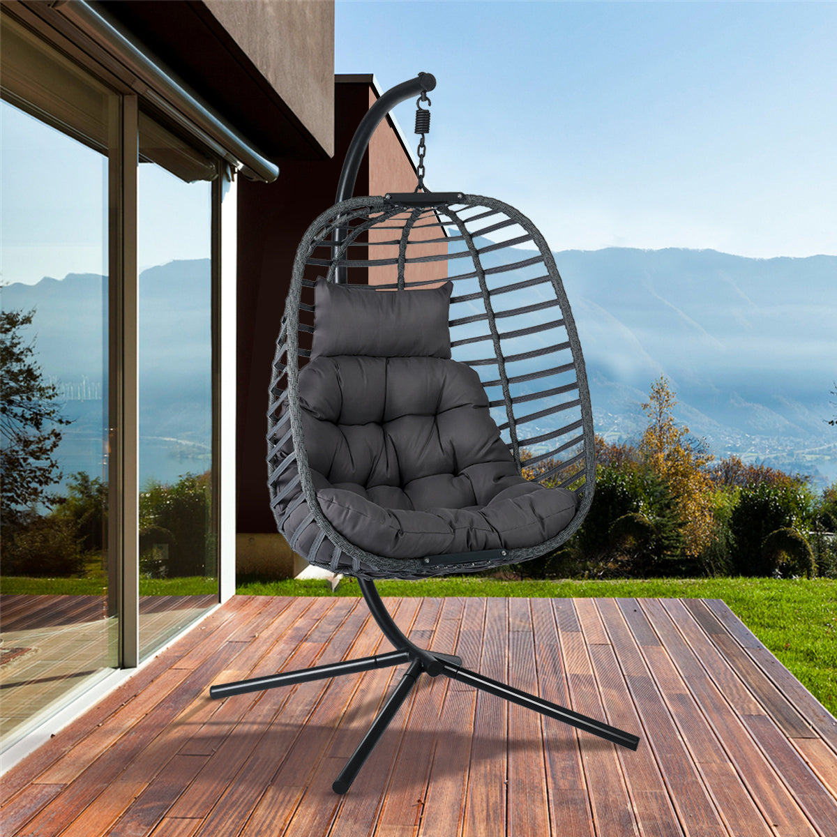 Resin Wicker Hanging Egg Chair with Cushion and Stand, Heavy Duty Swing Chair Backyard Relax, UV Resistant Outdoor Indoor Patio Hanging Egg Chair with Aluminum Frame, Holds 350lbs