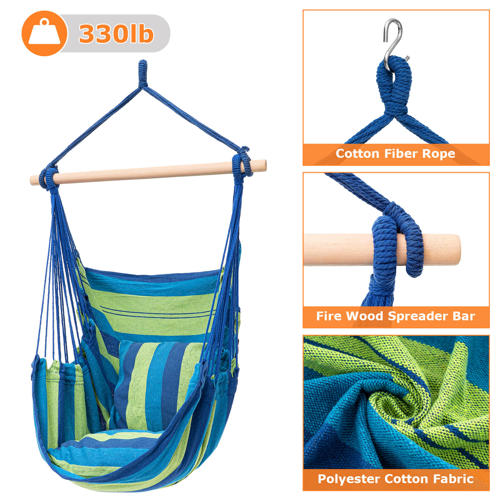 Hammock Chair with 2 Cushions Hanging Rope Swing Hammock Swing Chair Hanging Swing Chair for Indoor Outdoor Bedroom Backyard Max 330lbs Blue