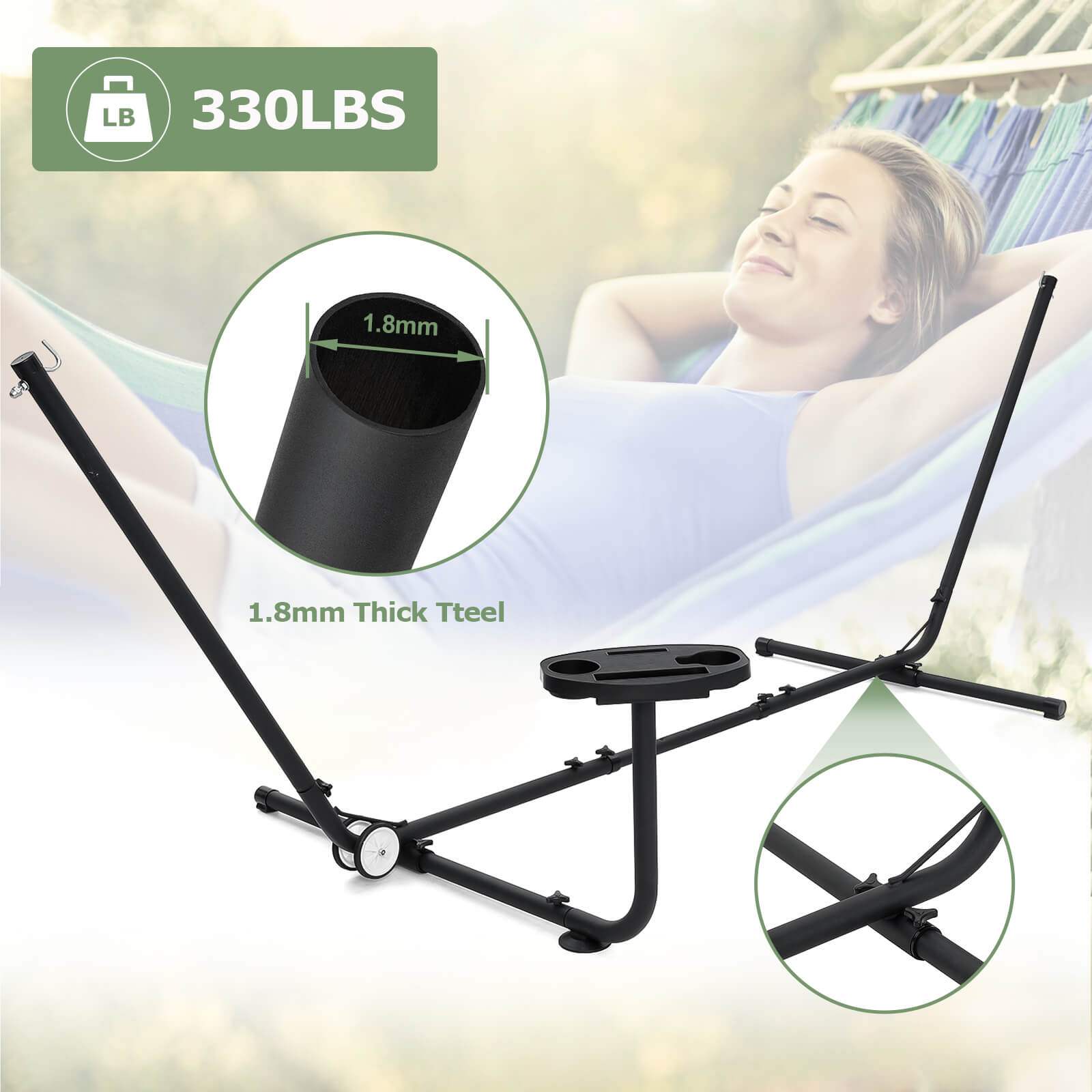Hammock Stand Only Portable Hammock Stand Heavy Duty 2 Person Hammock Stands with Built-in Wheel and Carrying Bag for Outdoor Indoor, 330lbs Capacity Black