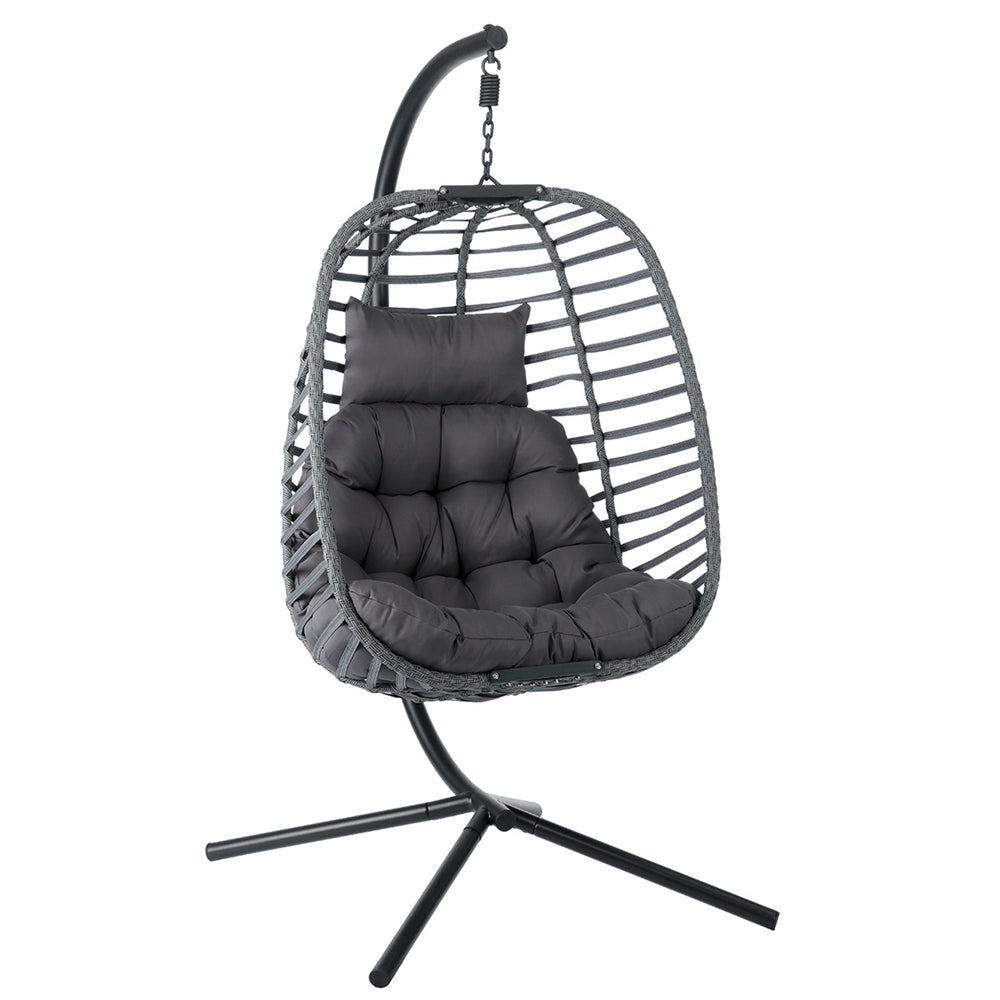 Resin Wicker Hanging Egg Chair with Cushion and Stand, Heavy Duty Swing Chair Backyard Relax, UV Resistant Outdoor Indoor Patio Hanging Egg Chair with Aluminum Frame, Holds 350lbs