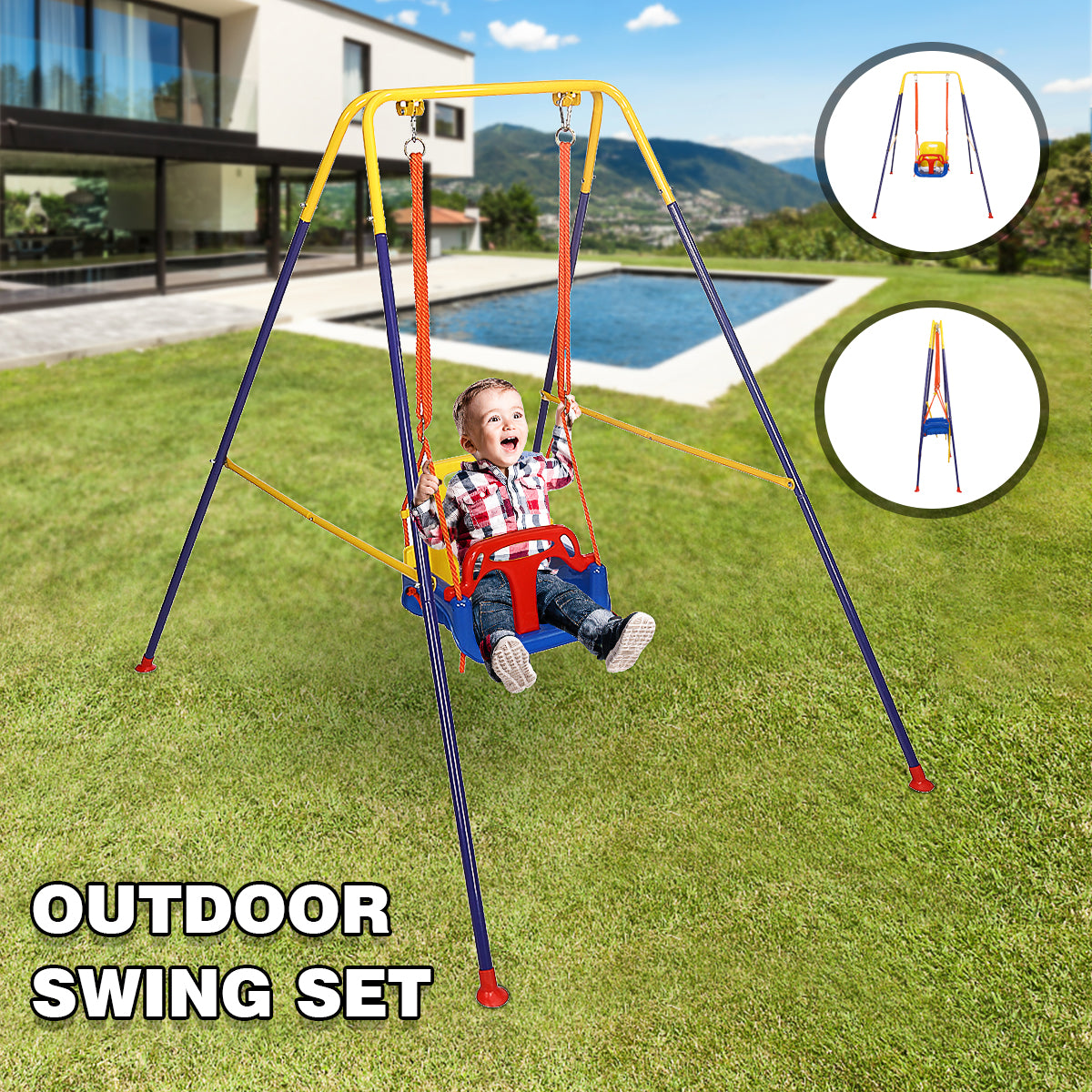 Kid Toddler Swing Seat with Stand Folding Frame 3-in-1 Kid Swing Set with Safety Seat Max 110Pounds for utdoor Indoor Backyard Play - Blue&Yellow