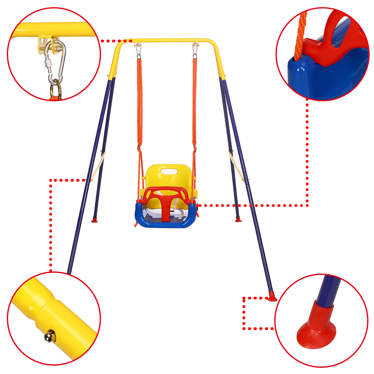 Kid Toddler Swing Seat with Stand Folding Frame 3-in-1 Kid Swing Set with Safety Seat Max 110Pounds for utdoor Indoor Backyard Play - Blue&Yellow